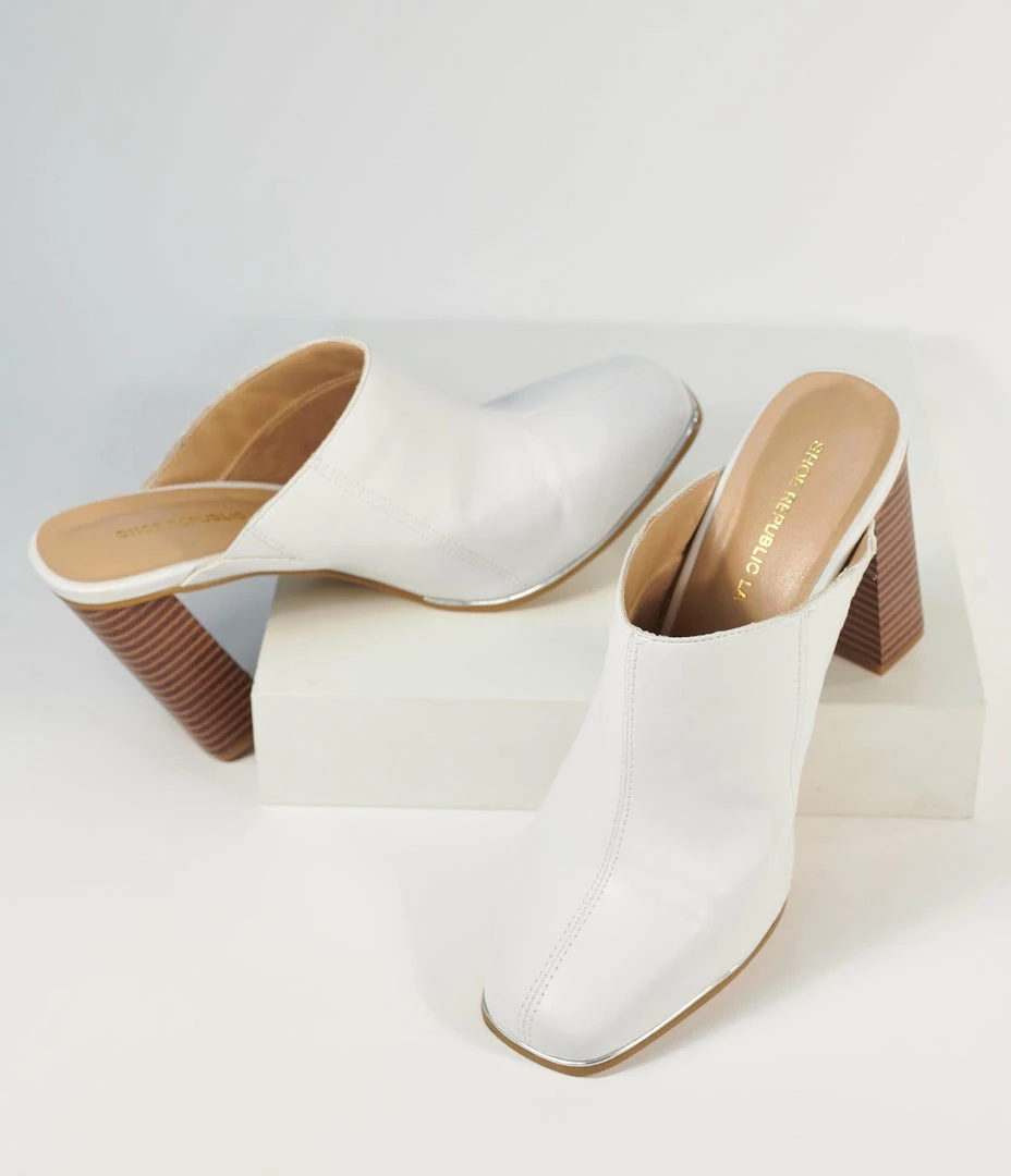 OUR LOVE LETTER INC White Leatherette Mule Heels 1970s
