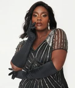 Too Too Hat Vintage Style Black Satin Elbow Length Gloves