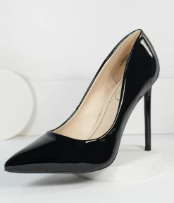 Shoe Click Black Patent Leatherette Pointed Toe Pumps 1980s & 1990s