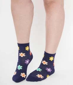 Joia 1970s Navy & Multicolor Floral Crew Socks