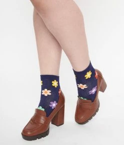 Joia 1970s Navy & Multicolor Floral Crew Socks