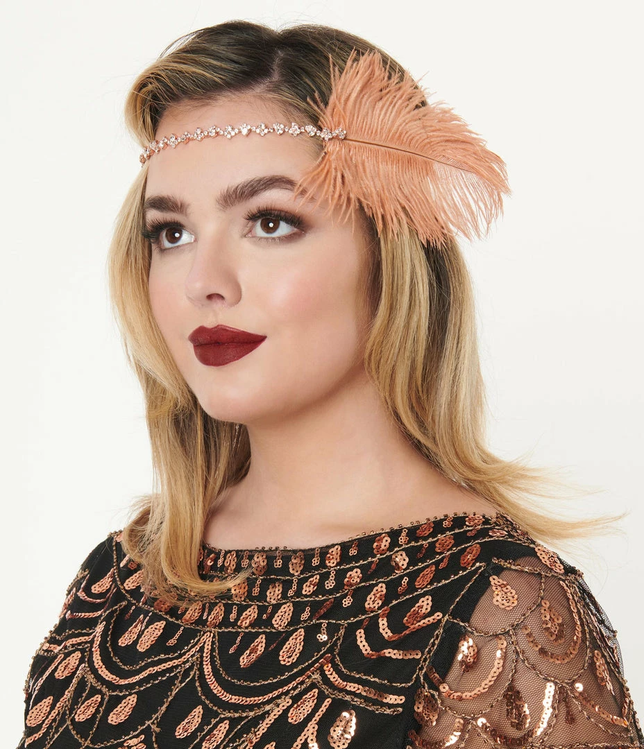 Jolie Copper Orange Feather & Rhinestone Gigi Headband Flapper