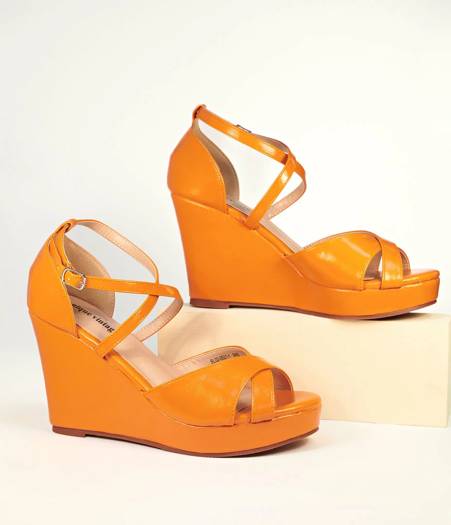 Unique Vintage Orange Leatherette Peep Toe Wedges 1970s