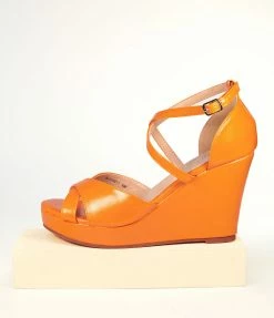 Unique Vintage Orange Leatherette Peep Toe Wedges 1970s