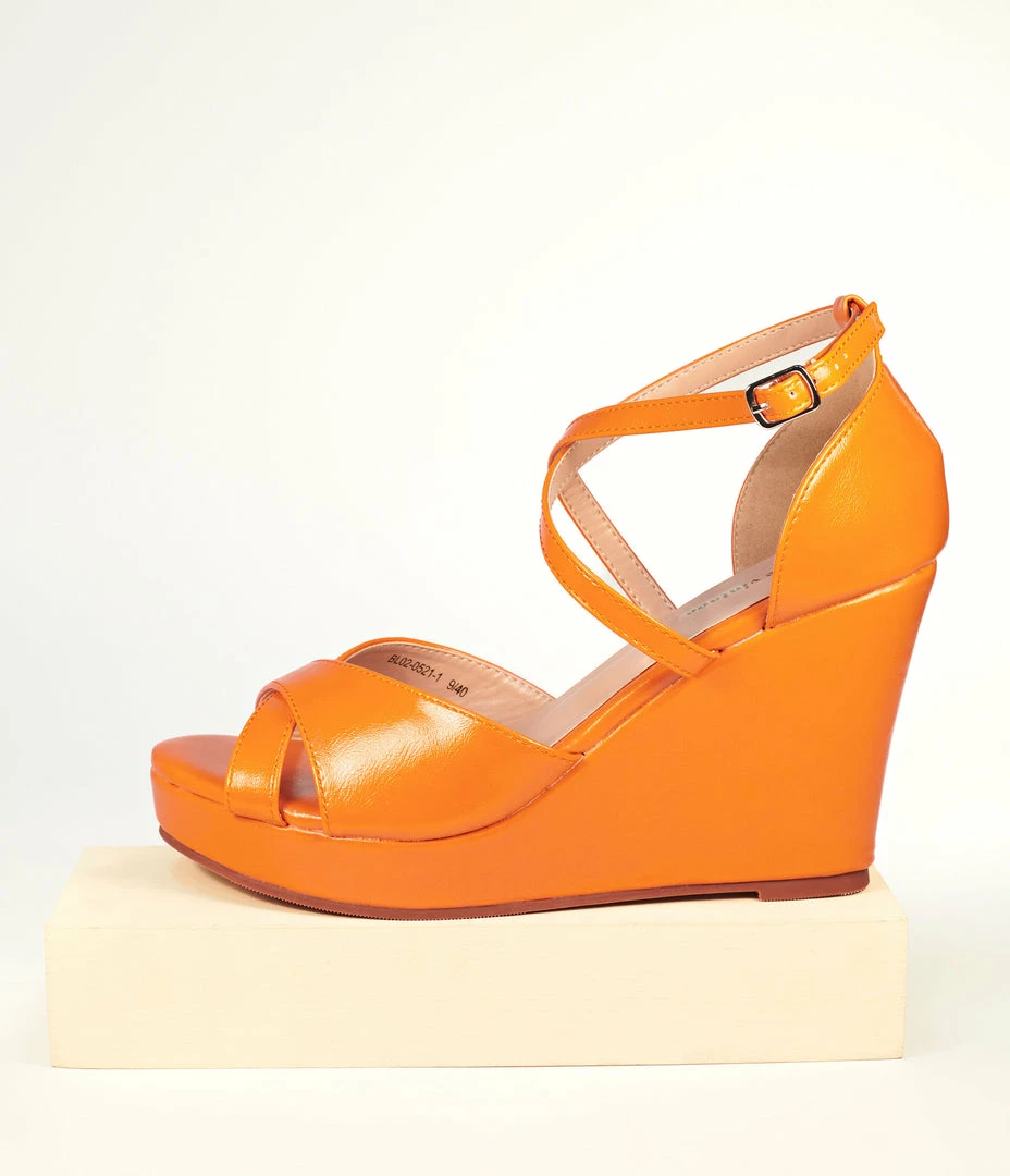 Unique Vintage Orange Leatherette Peep Toe Wedges 1970s