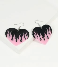 ILLord Black & Pink Flame Heart Drop Earrings