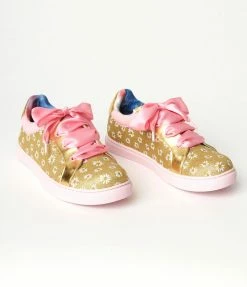 Design Asylum Manufacturing (HK) Limited (Irregular Choice Shoes) 1980s & 1990s Irregular Choice Gold Glitter & White Daisy Sneakers