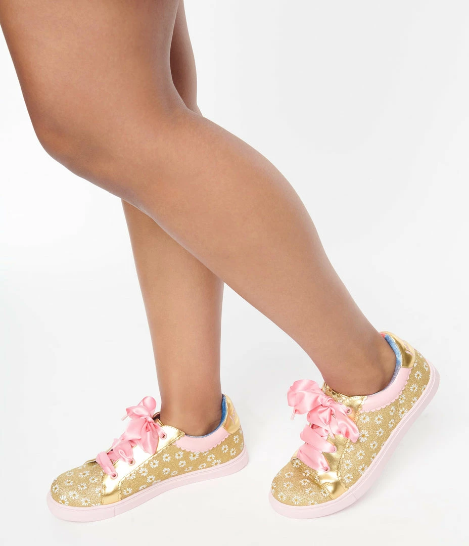 Design Asylum Manufacturing (HK) Limited (Irregular Choice Shoes) 1980s & 1990s Irregular Choice Gold Glitter & White Daisy Sneakers