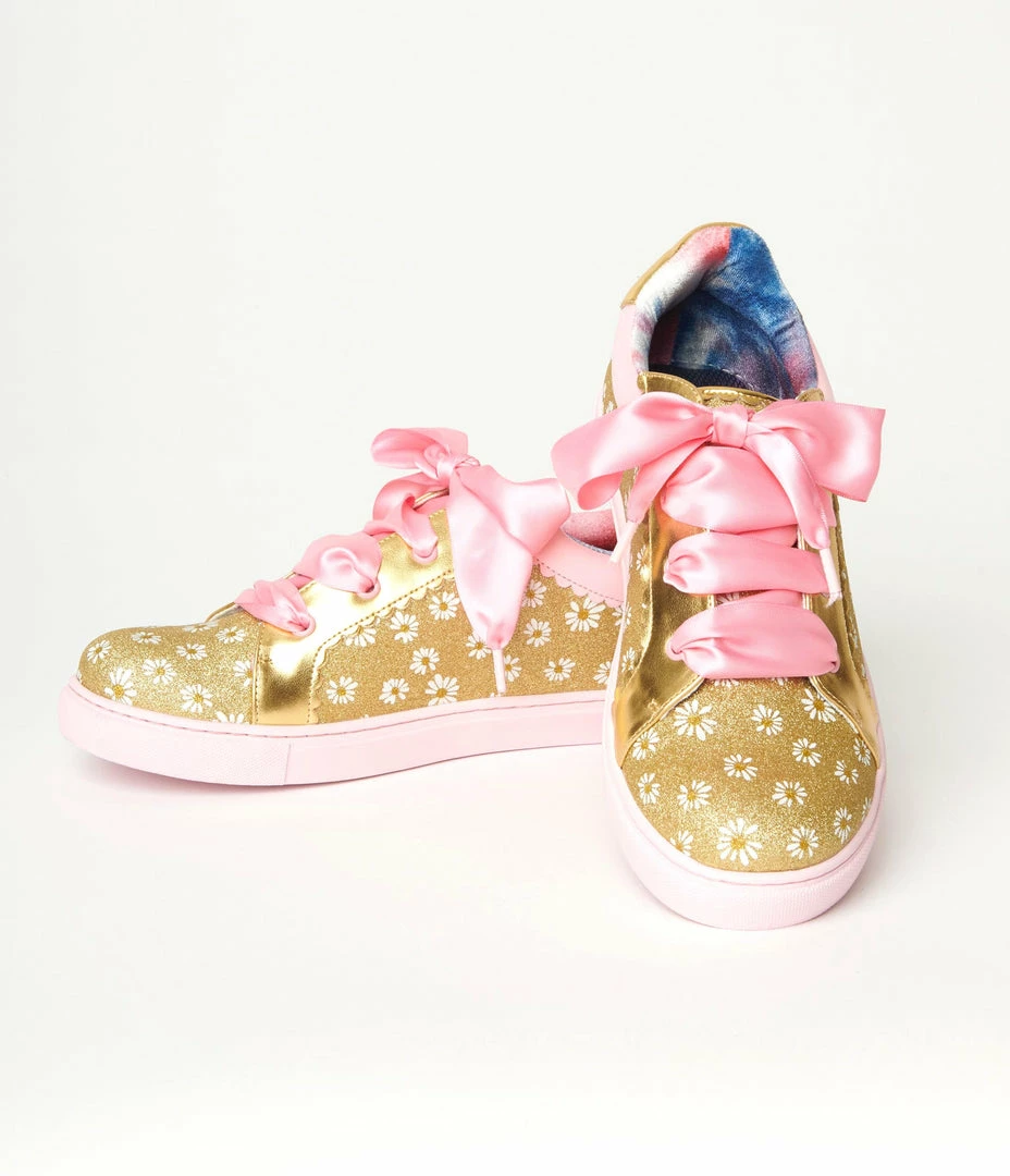 Design Asylum Manufacturing (HK) Limited (Irregular Choice Shoes) 1980s & 1990s Irregular Choice Gold Glitter & White Daisy Sneakers