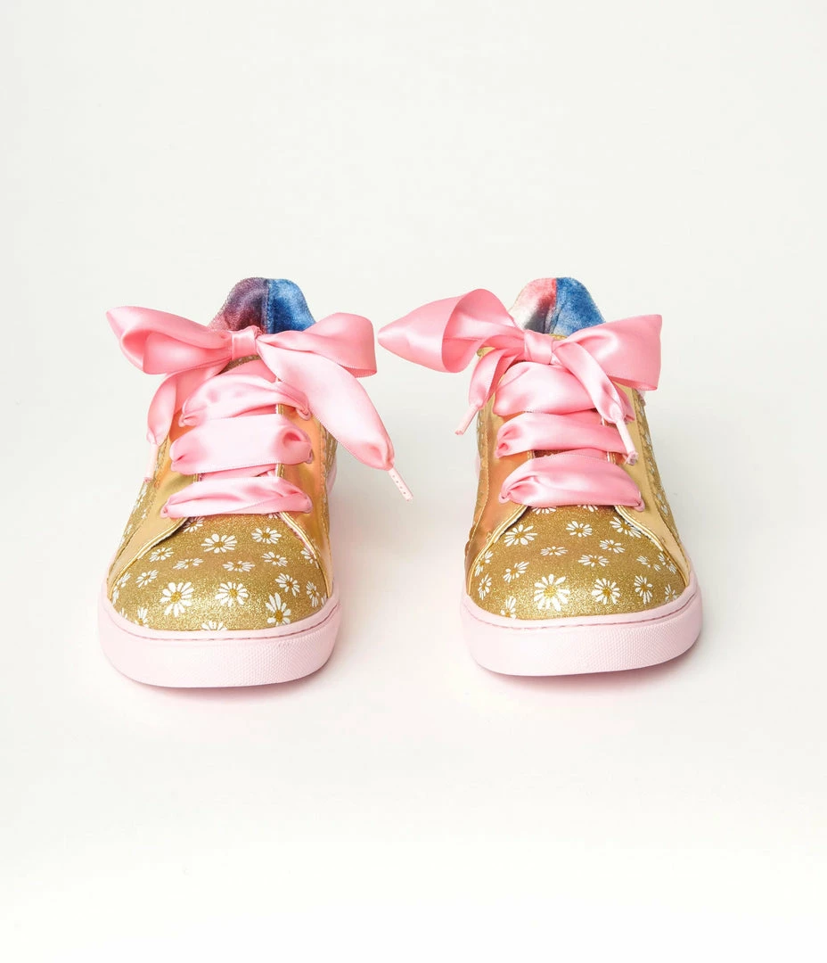 Design Asylum Manufacturing (HK) Limited (Irregular Choice Shoes) 1980s & 1990s Irregular Choice Gold Glitter & White Daisy Sneakers