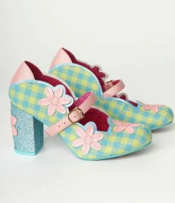 Design Asylum Manufacturing (HK) Limited (Irregular Choice Shoes) Irregular Choice Green Gingham & Pink Flower Heels 1960s