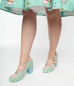 Design Asylum Manufacturing (HK) Limited (Irregular Choice Shoes) Irregular Choice Green Gingham & Pink Flower Heels 1960s
