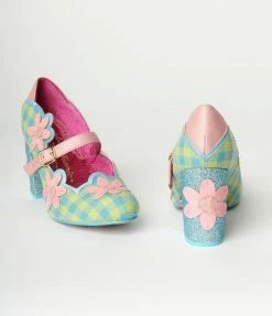 Design Asylum Manufacturing (HK) Limited (Irregular Choice Shoes) Irregular Choice Green Gingham & Pink Flower Heels 1960s