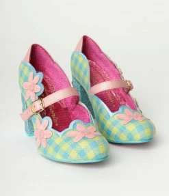 Design Asylum Manufacturing (HK) Limited (Irregular Choice Shoes) Irregular Choice Green Gingham & Pink Flower Heels 1960s