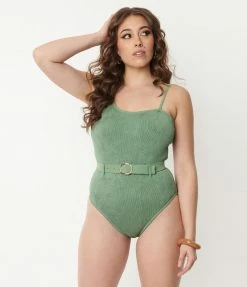 Sunday Brunch Swimwear Green Belted One Piece Swimsuit