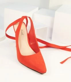 Joia 1980s & 1990s Red Suede Ribbon Ankle Tie Heels