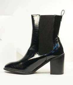 Joia Shoes Black Reptile Patent Leatherette Heel Booties