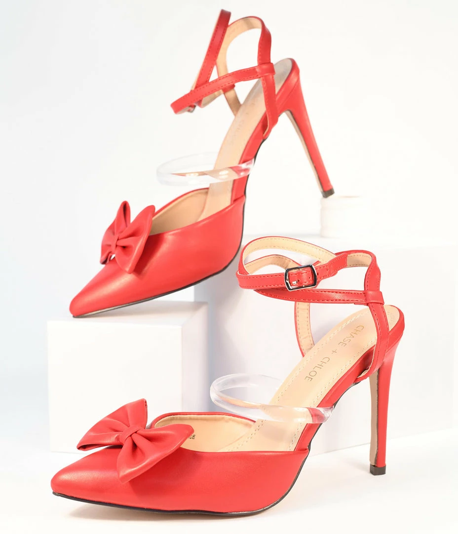 In Touch Footwear 1950s Red Bow Strappy Ankle Heels