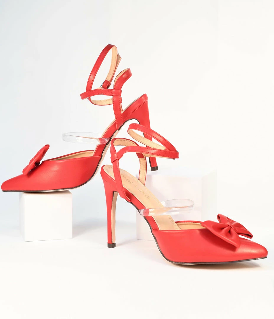 In Touch Footwear 1950s Red Bow Strappy Ankle Heels