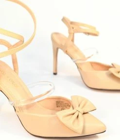 In Touch Footwear Beige Bow Strappy Ankle Heels 1950s