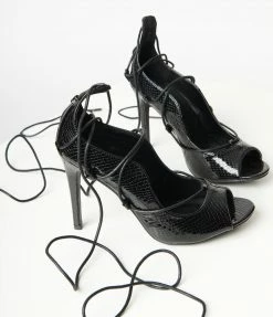 Appleblossom Patent Black Reptile Lace Up Peep Toe Heel