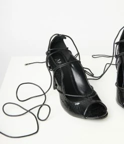 Appleblossom Patent Black Reptile Lace Up Peep Toe Heel