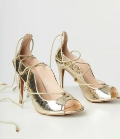 Appleblossom Patent Gold Reptile Lace Up Peep Toe Heel