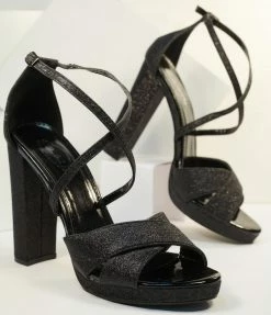 Toes-Ty Shoes Black Sparkle Cross Strap Peep Toe Heels