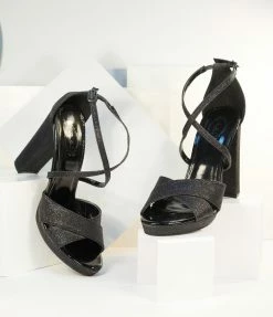 Toes-Ty Shoes Black Sparkle Cross Strap Peep Toe Heels
