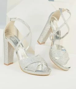 Toes-Ty Silver Cross Strap Peep Toe Heels Shoes