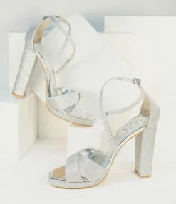 Toes-Ty Silver Cross Strap Peep Toe Heels Shoes