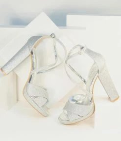 Toes-Ty Silver Cross Strap Peep Toe Heels Shoes