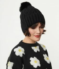 Ana Accessories Black Cable Knit Pom Pom Beanie