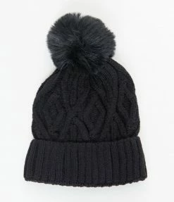 Ana Accessories Black Cable Knit Pom Pom Beanie