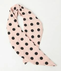 1950s Unique Vintage Light Pink & Black Polka Dots Hair Scarf