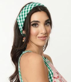 1950s Unique Vintage Green & White Gingham Print Hair Scarf