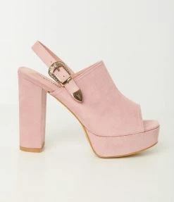 Unique Vintage Pink Suede Buckle Sling Heels