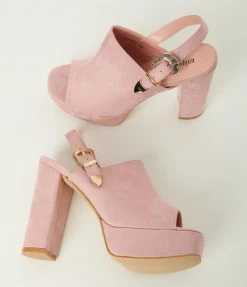 Unique Vintage Pink Suede Buckle Sling Heels