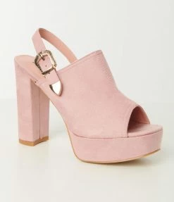 Unique Vintage Pink Suede Buckle Sling Heels