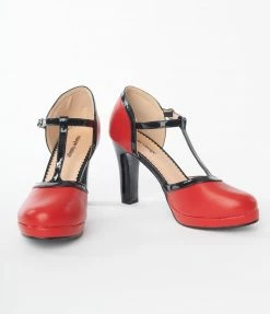 Unique Vintage Red T-Strap Heels