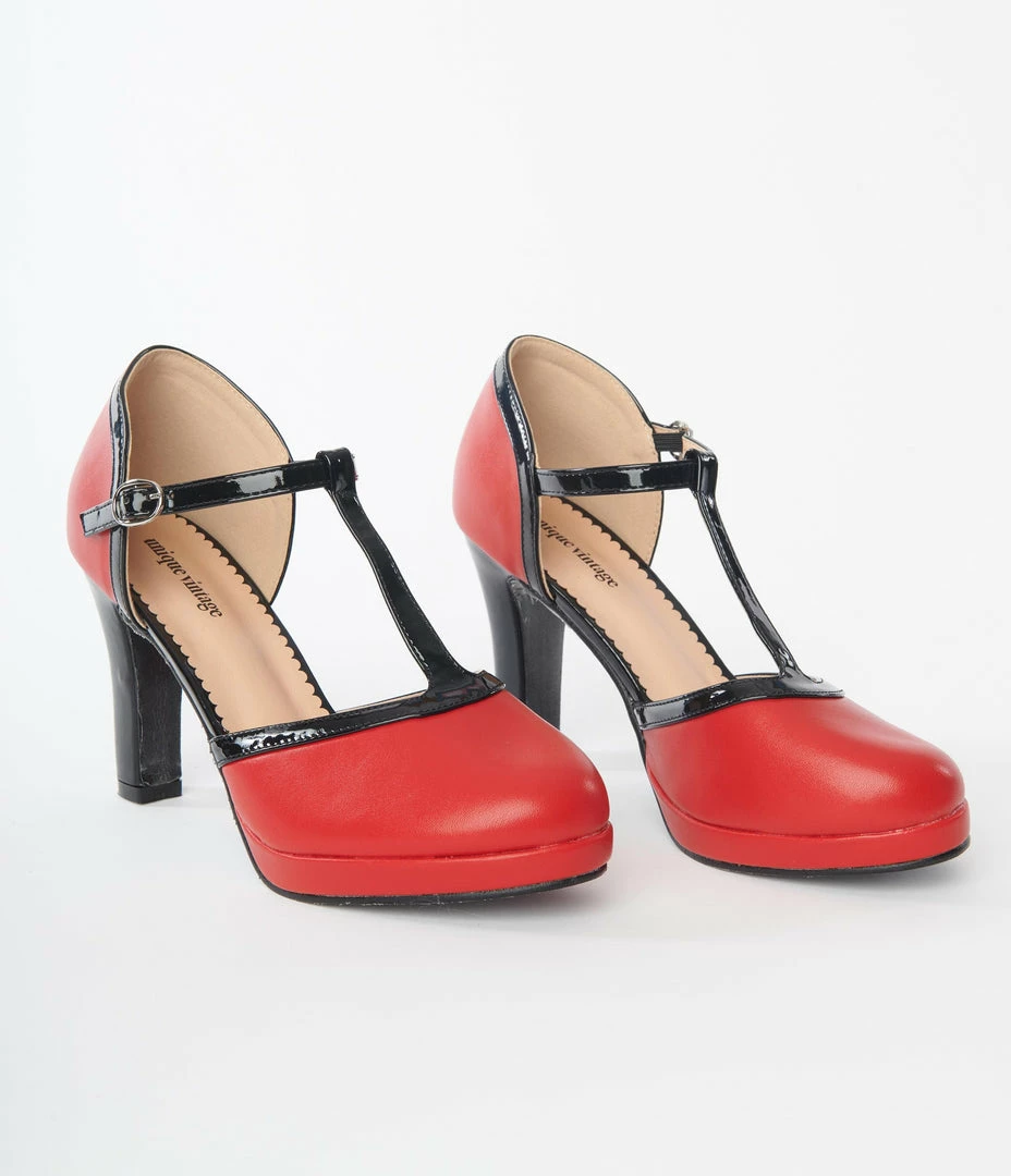 Unique Vintage Red T-Strap Heels