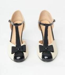 Unique Vintage Cream & Black Bow T-Strap Wedges Unique Vintage Brand