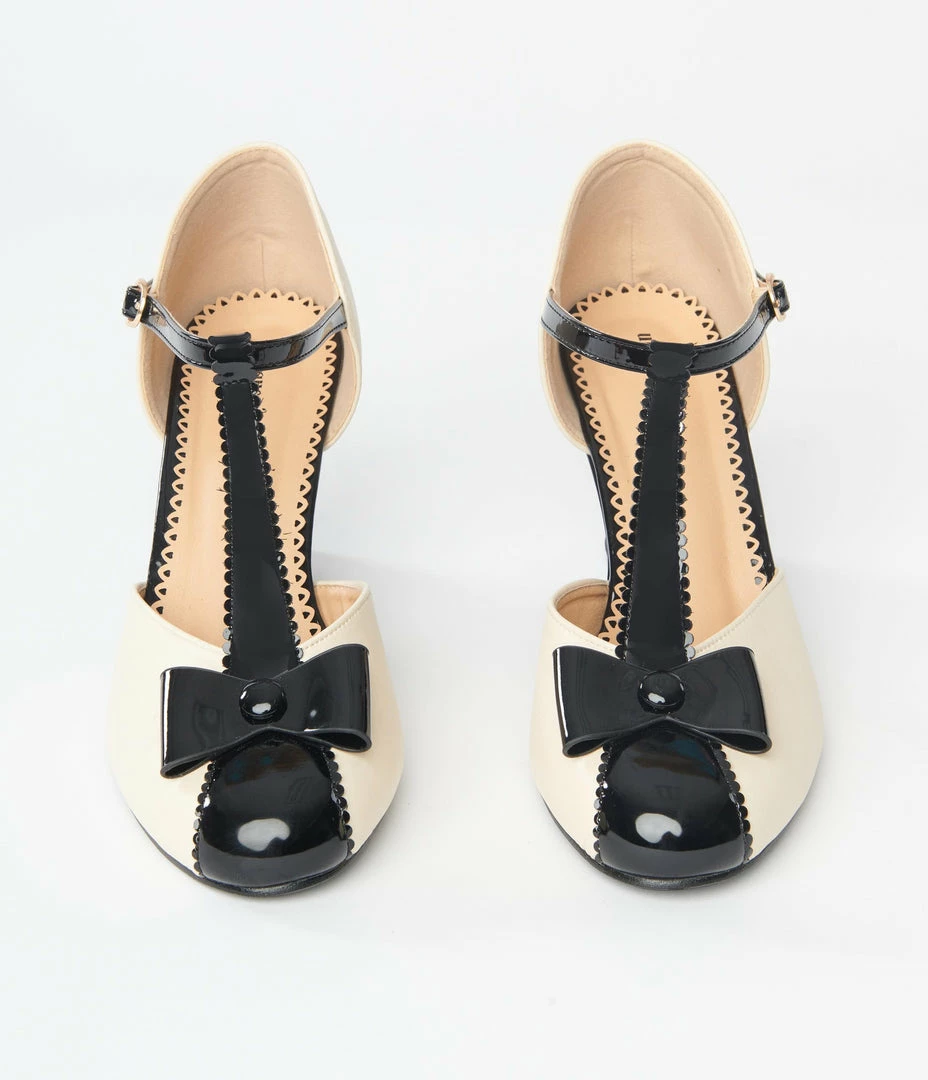 Unique Vintage Cream & Black Bow T-Strap Wedges Unique Vintage Brand