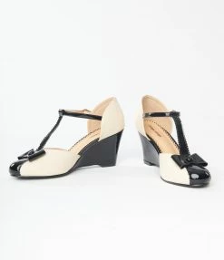 Unique Vintage Cream & Black Bow T-Strap Wedges Unique Vintage Brand