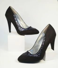 Dayday Fashion Shoes Black Suede & Glitter Pumps