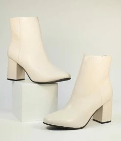 Lets See Style 1960s Off White Midi Block Heel Booties