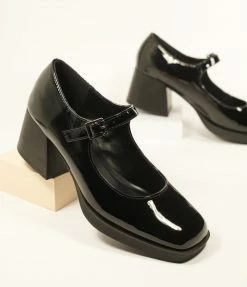 Lets See Style Shoes Black Patent Leatherette Square Toe Mary Jane Heels