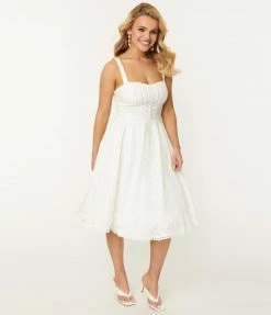SHEEN Clothing Ltd Prairie Vintage Style White Eyelet Valerie Swing Dress
