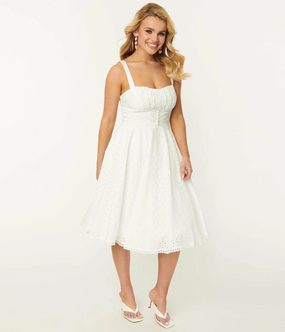 SHEEN Clothing Ltd Prairie Vintage Style White Eyelet Valerie Swing Dress