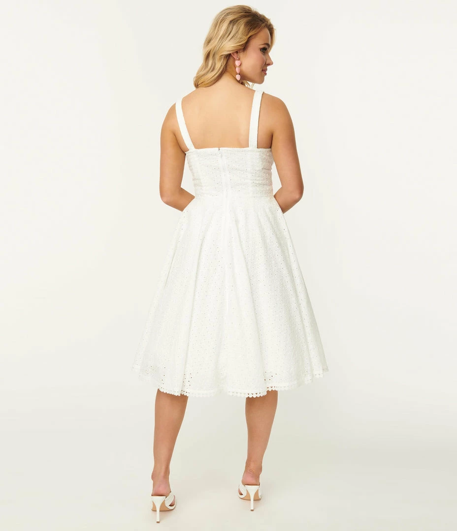SHEEN Clothing Ltd Prairie Vintage Style White Eyelet Valerie Swing Dress